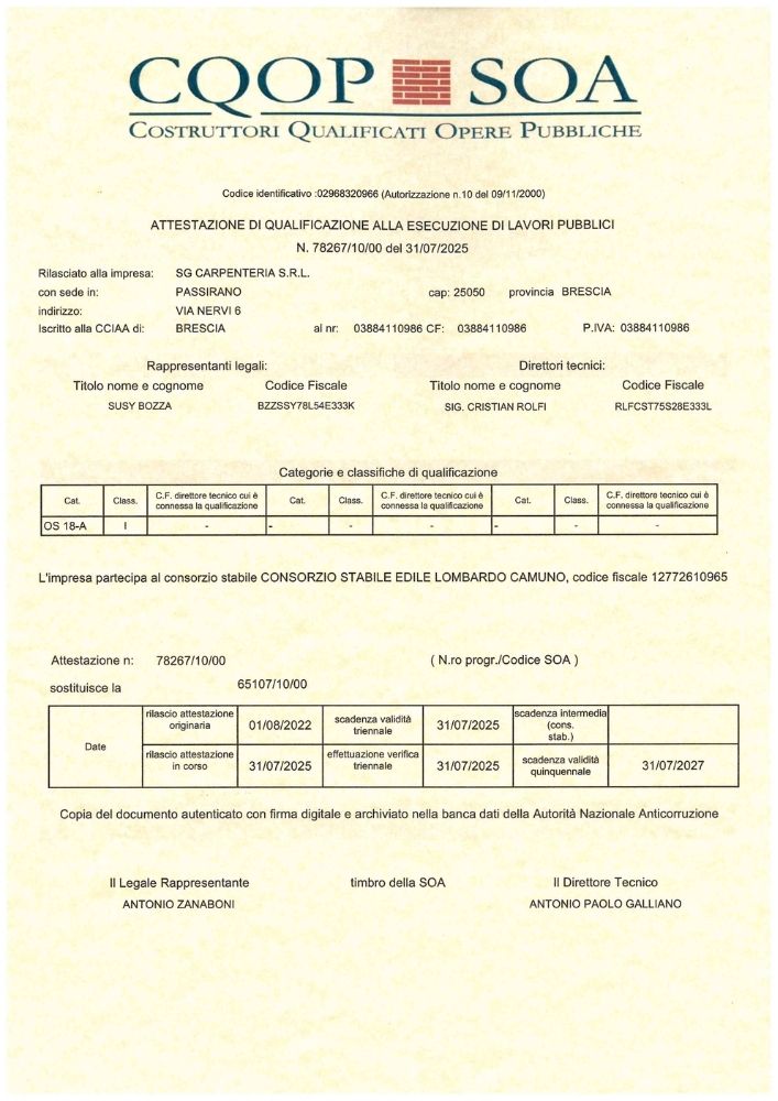 Attestazione SOA OS18-A di SG Carpenteria
