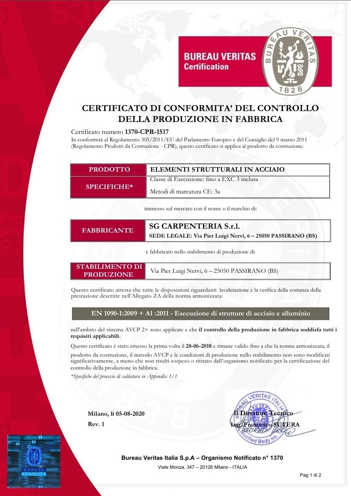 Certificazione UNI EN 1090 e classe EXC3 di SG Carpenteria